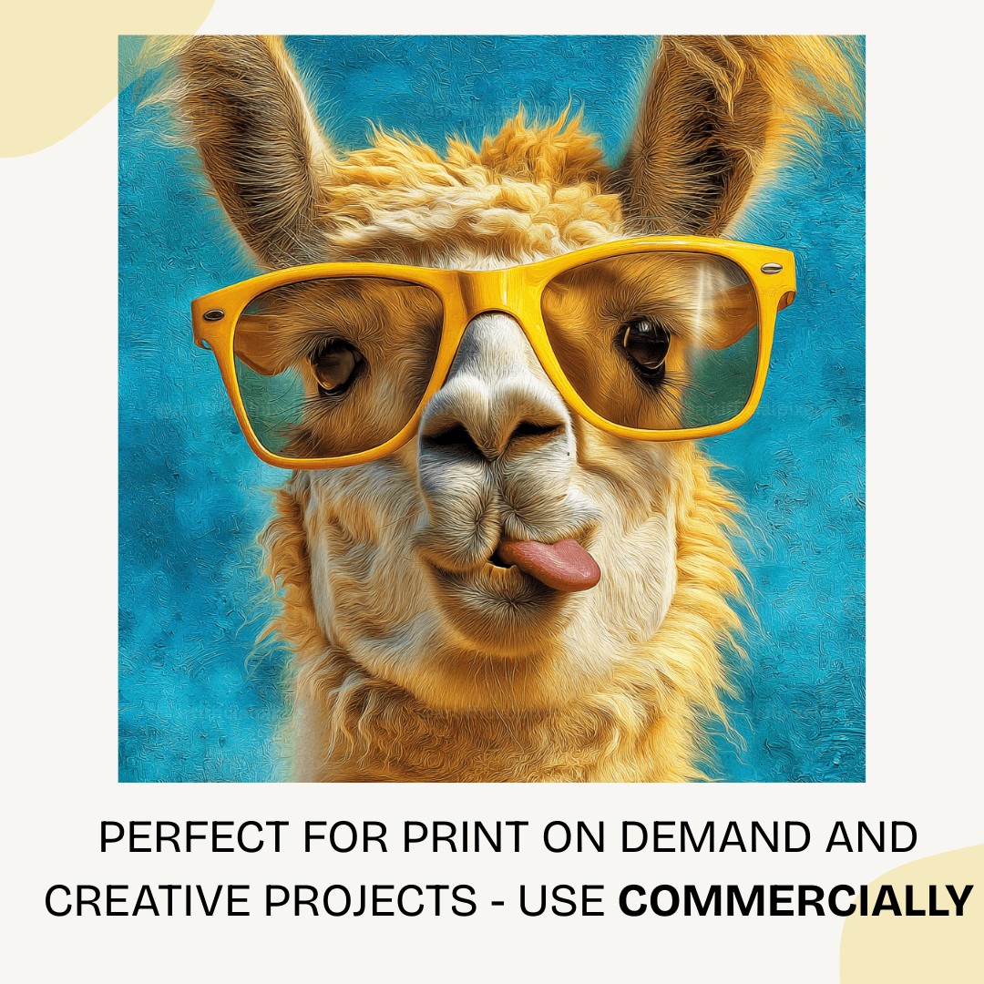 Cheeky llama AI art with retro summer style generated using professional Midjourney prompt template for commercial projects