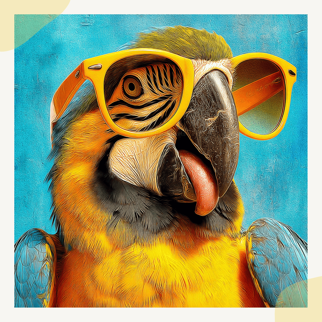 Cheeky parrot AI art with retro summer style generated using customizable Midjourney prompt template for commercial art projects