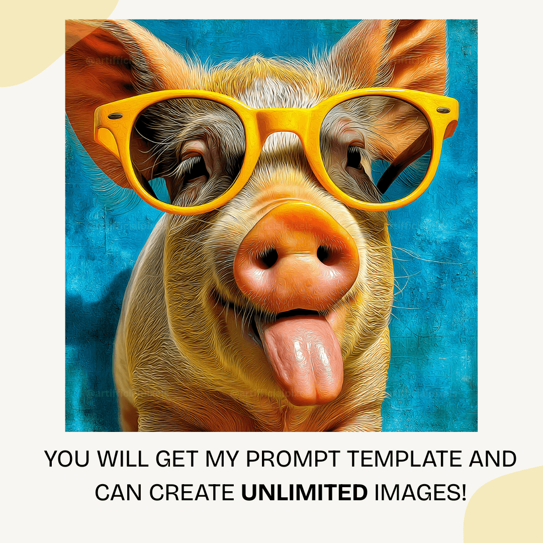 Cheeky summer pig AI art generated with Midjourney prompt featuring retro yellow tones and oil-textured digital painting style