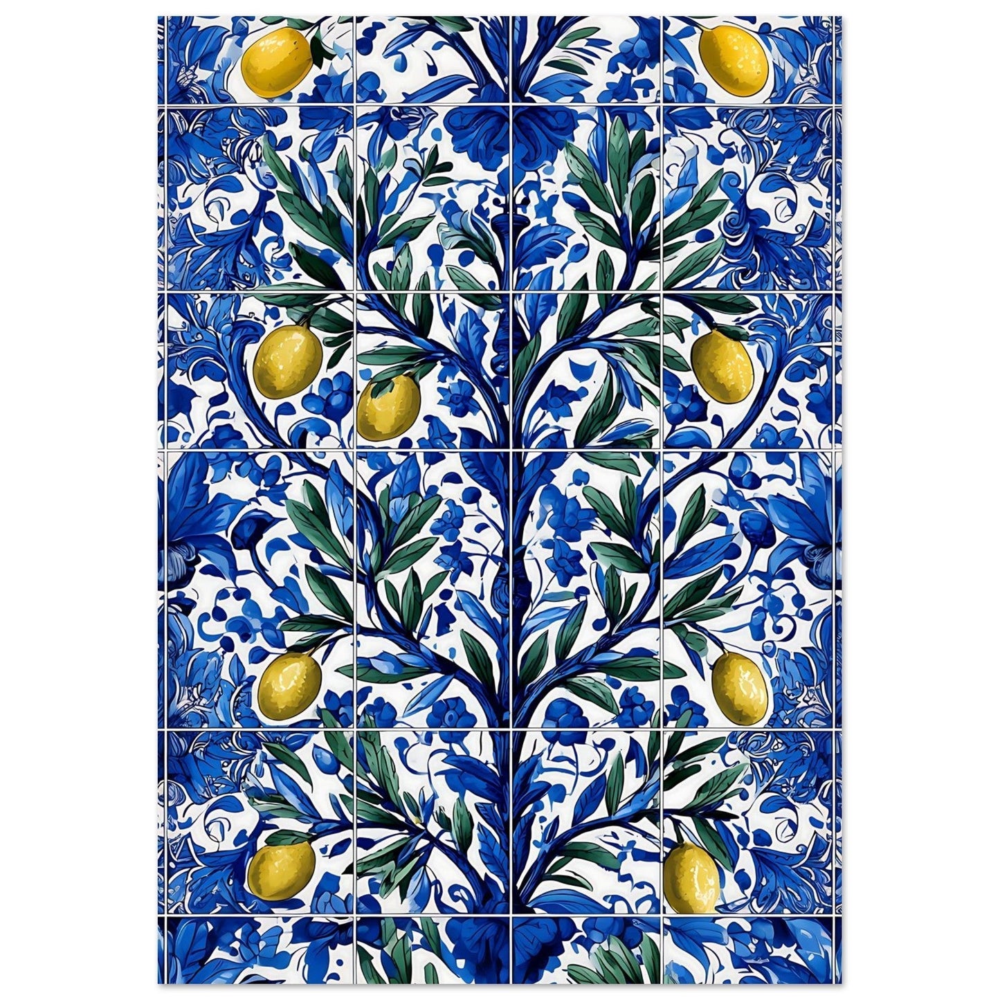 Cobalt blue azulejo botanical poster print with traditional Portuguese styling