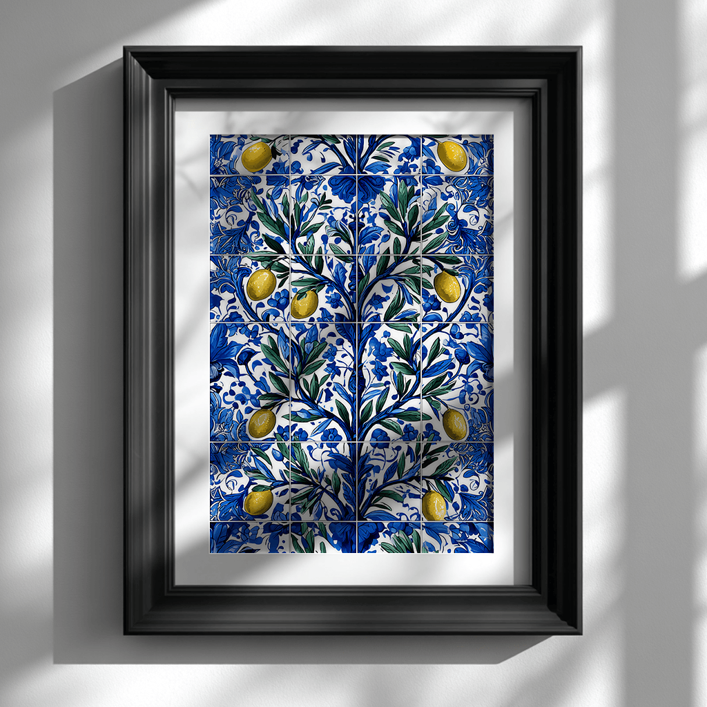 Cobalt blue floral azulejo poster in black frame wall display
