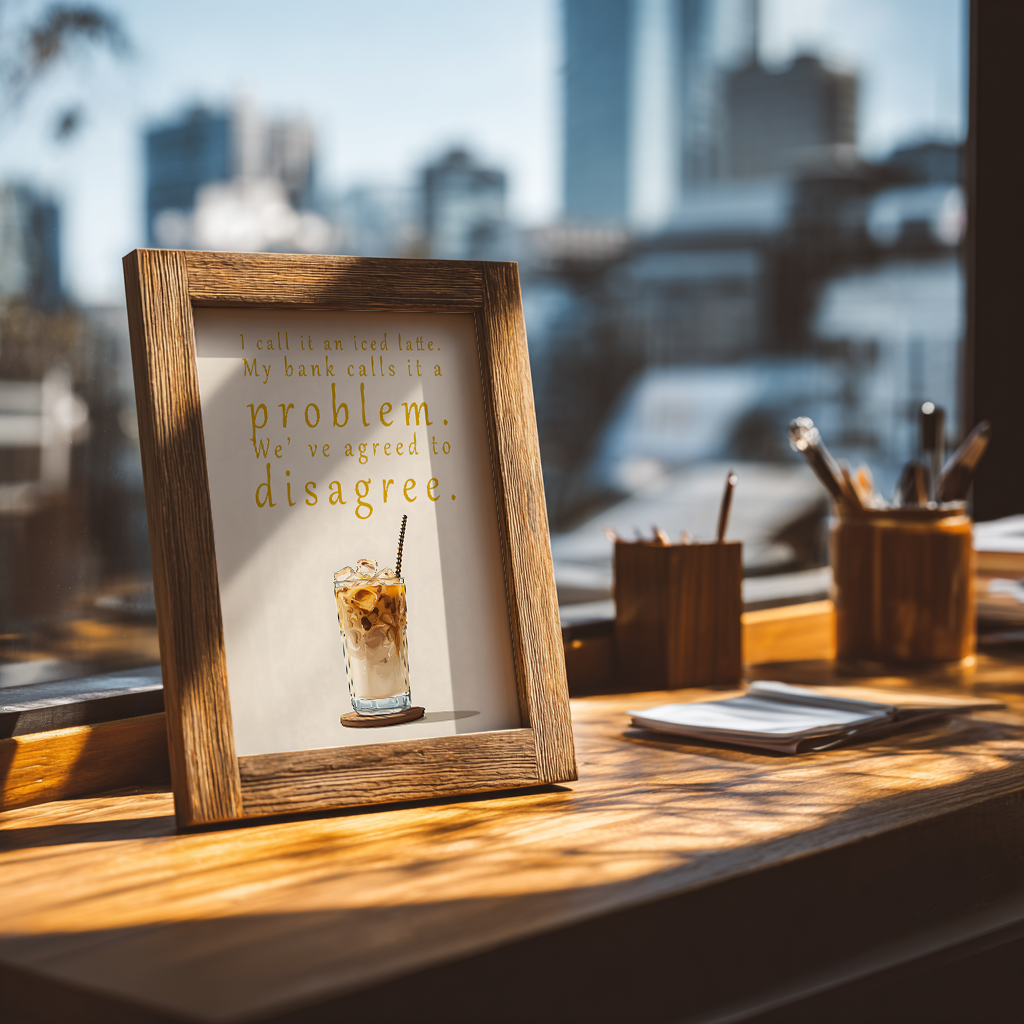 Coffee humor poster print shown on wooden desk workspace from angled perspective view