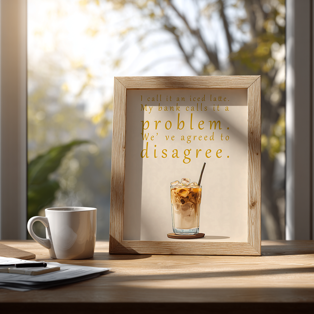 Coffee poster print displayed on wooden desk setup for home office wall decor inspiration