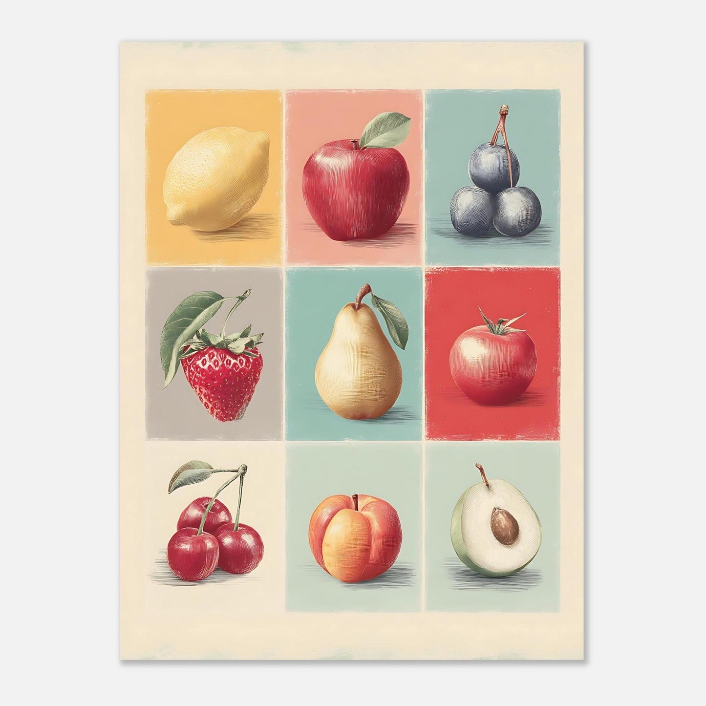 Colorful vintage fruit collage poster print showing vibrant visual art for wall decor