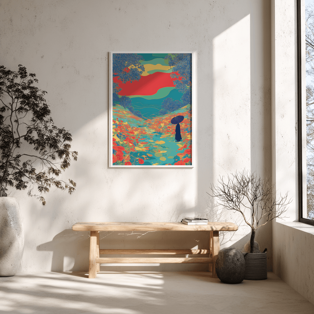 Floral river valley poster with silhouettes and colourful detail shown with Scandinavian bench interior styling