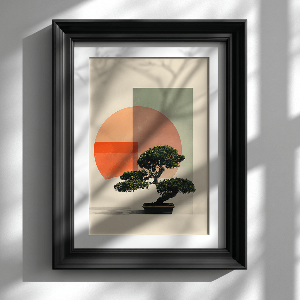 Contemporary Japanese bonsai art print with minimalist design showcased in black frame on white wall for modern home decor