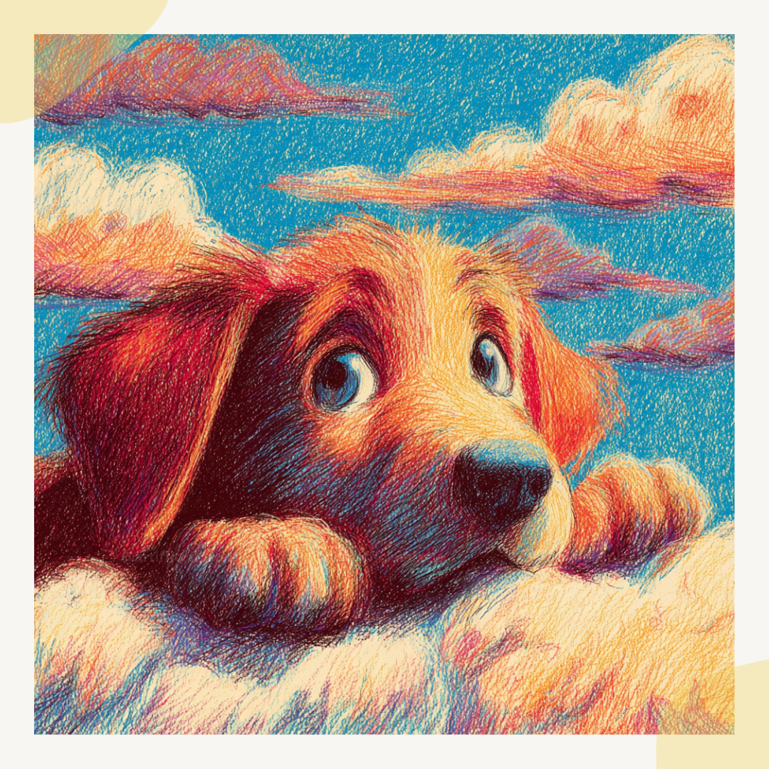 Colorful illustration of a puppy with a blue sky and clouds in the background
