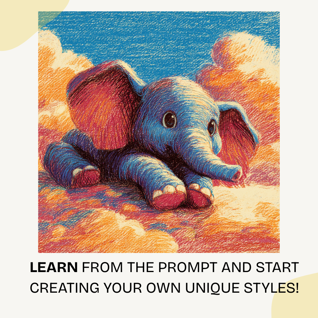 Colorful crayon elephant on dreamy cloudscape ideal for Etsy prints generated with Midjourney AI prompt