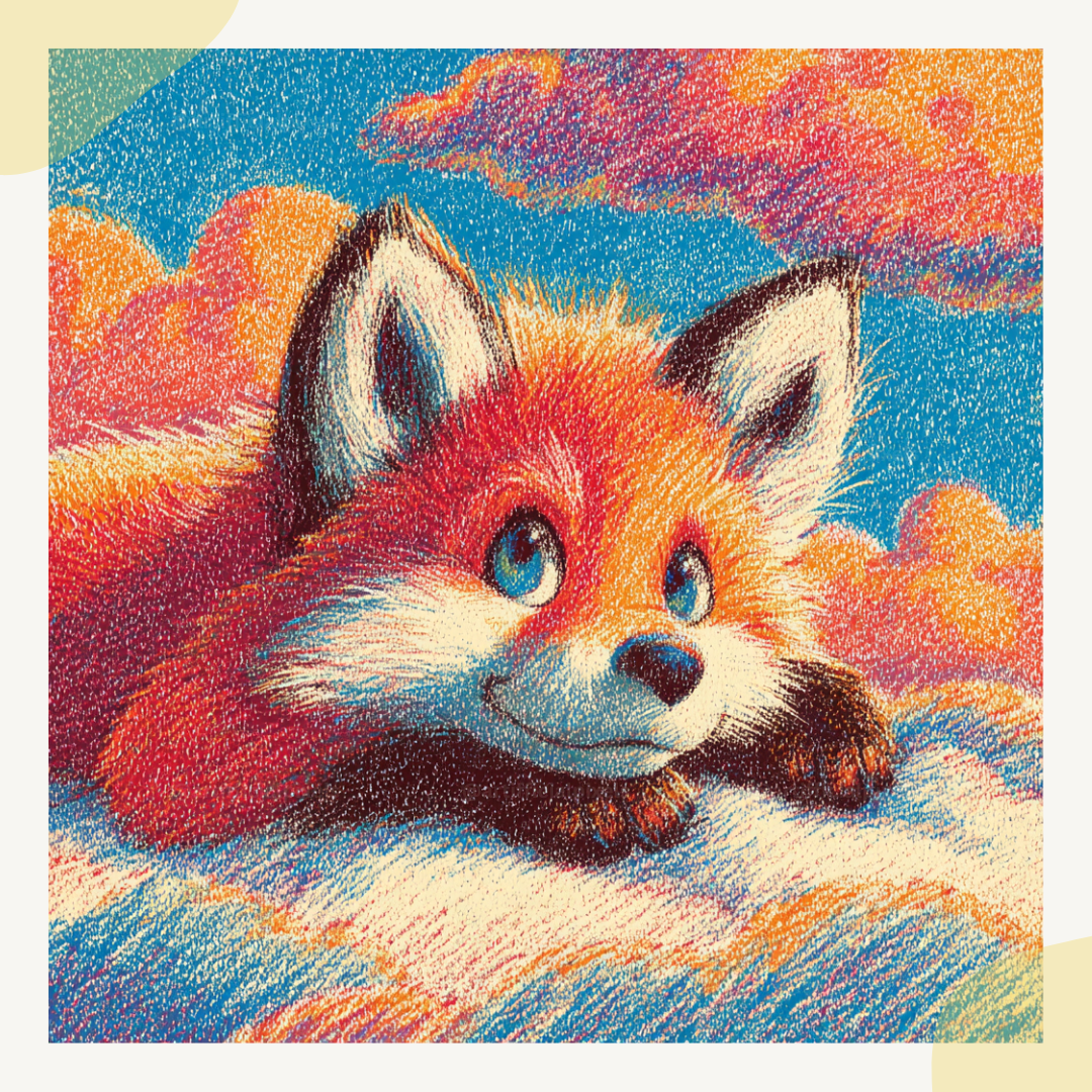 Colorful illustration of a fox lying on a textured surface with a multicolored cloud background.