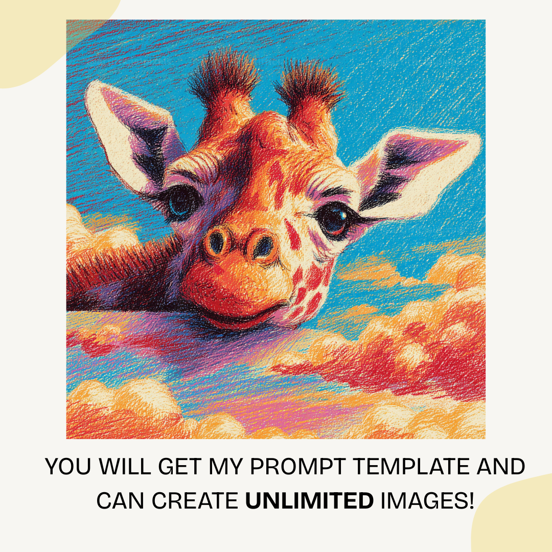 Whimsical crayon giraffe floating on clouds in childish art style generated with Midjourney AI prompt