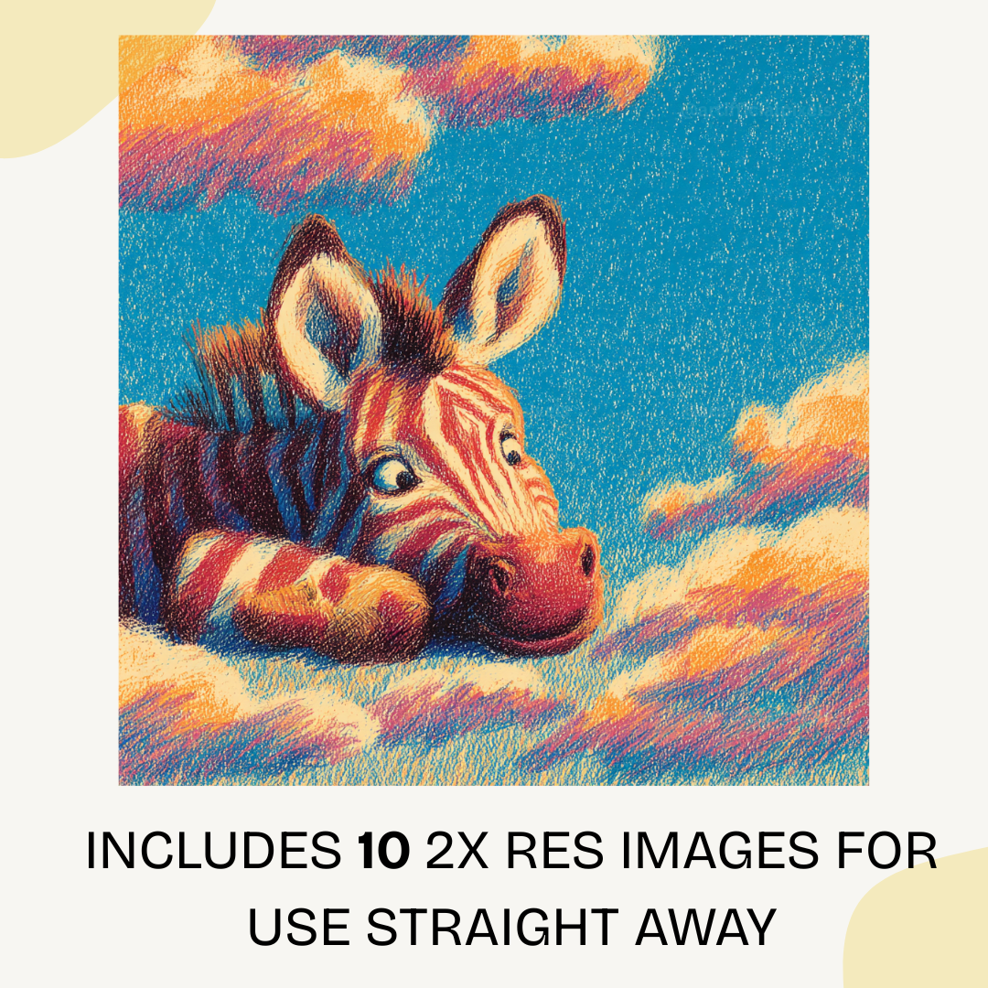 Colorful crayon-style zebra floating through dreamy clouds created with Midjourney AI prompt for nursery art