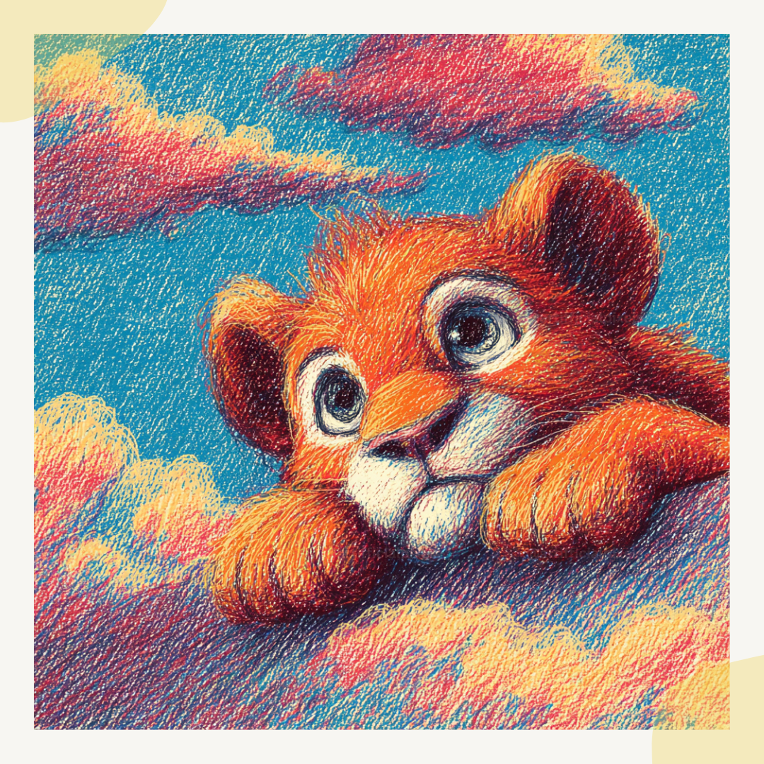 Bright crayon lion floating through soft clouds perfect for nursery decor created with Midjourney AI