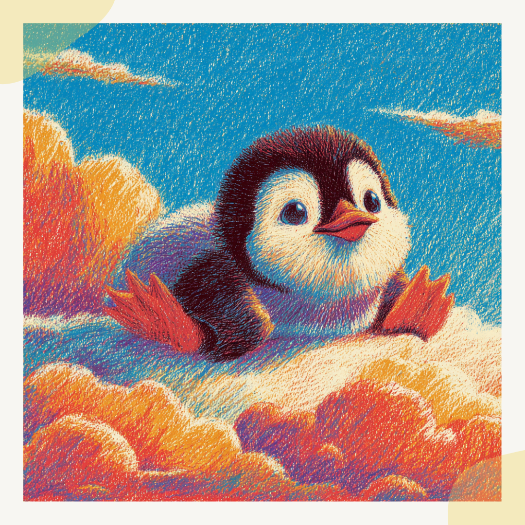 Colorful illustration of a penguin chick on a cloud