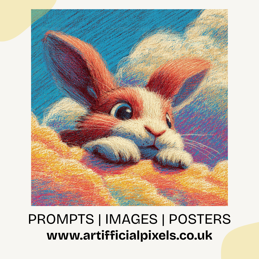 Colorful illustration of a rabbit on a textured surface with promotional text for art supplies.