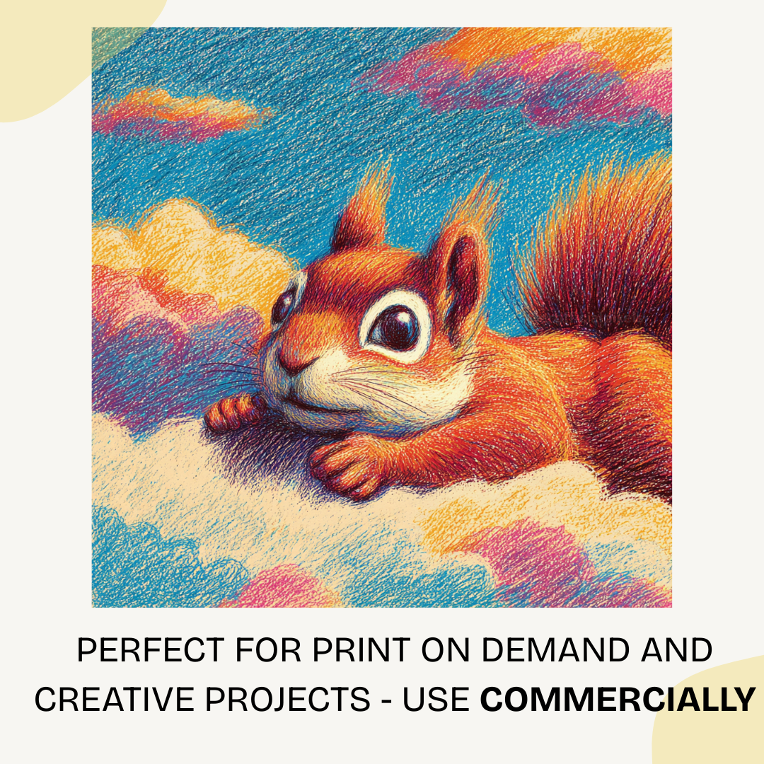 Colorful illustration of a squirrel on a textured background with text about print-on-demand and creative projects.