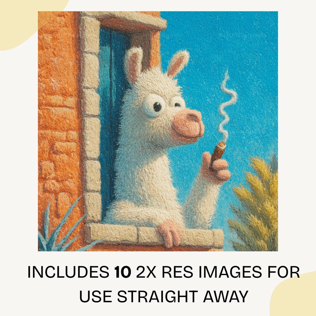 Illustration of a fluffy creature smoking a cigarette by a window with text about image resources.