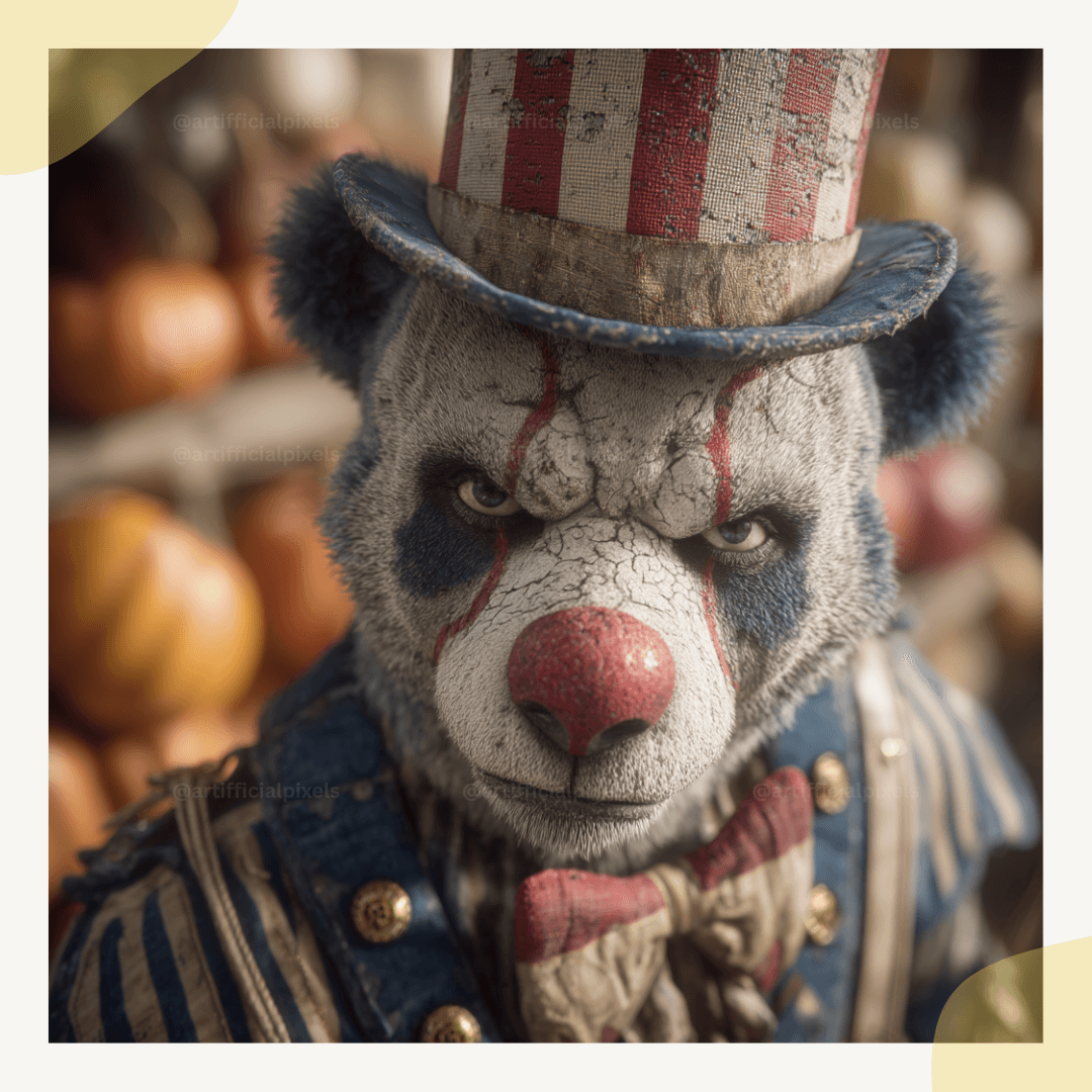 Creepy bear animal clown with frightening Halloween circus makeup and vintage horror portrait style for art creation