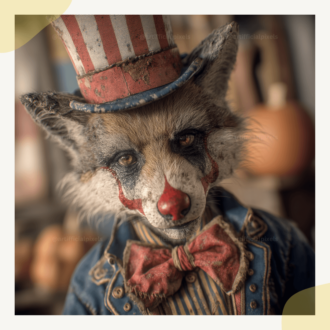 Creepy fox animal dressed as sinister Halloween clown with vintage circus makeup for spooky art projects