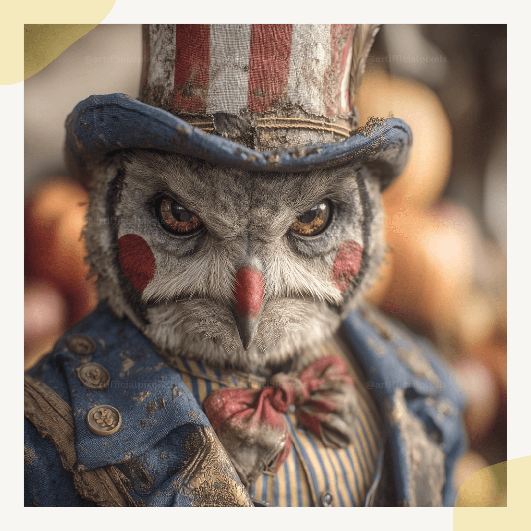 Creepy owl bird dressed as eerie Halloween clown with dark vintage circus theme for horror art creation