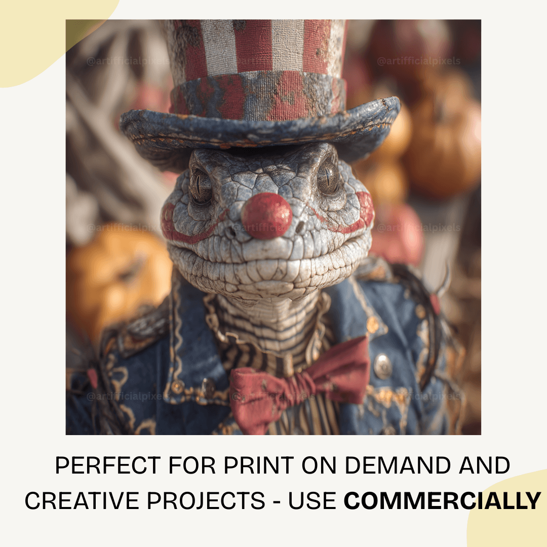 Creepy snake animal dressed as sinister Halloween clown with dark vintage circus theme for horror artwork