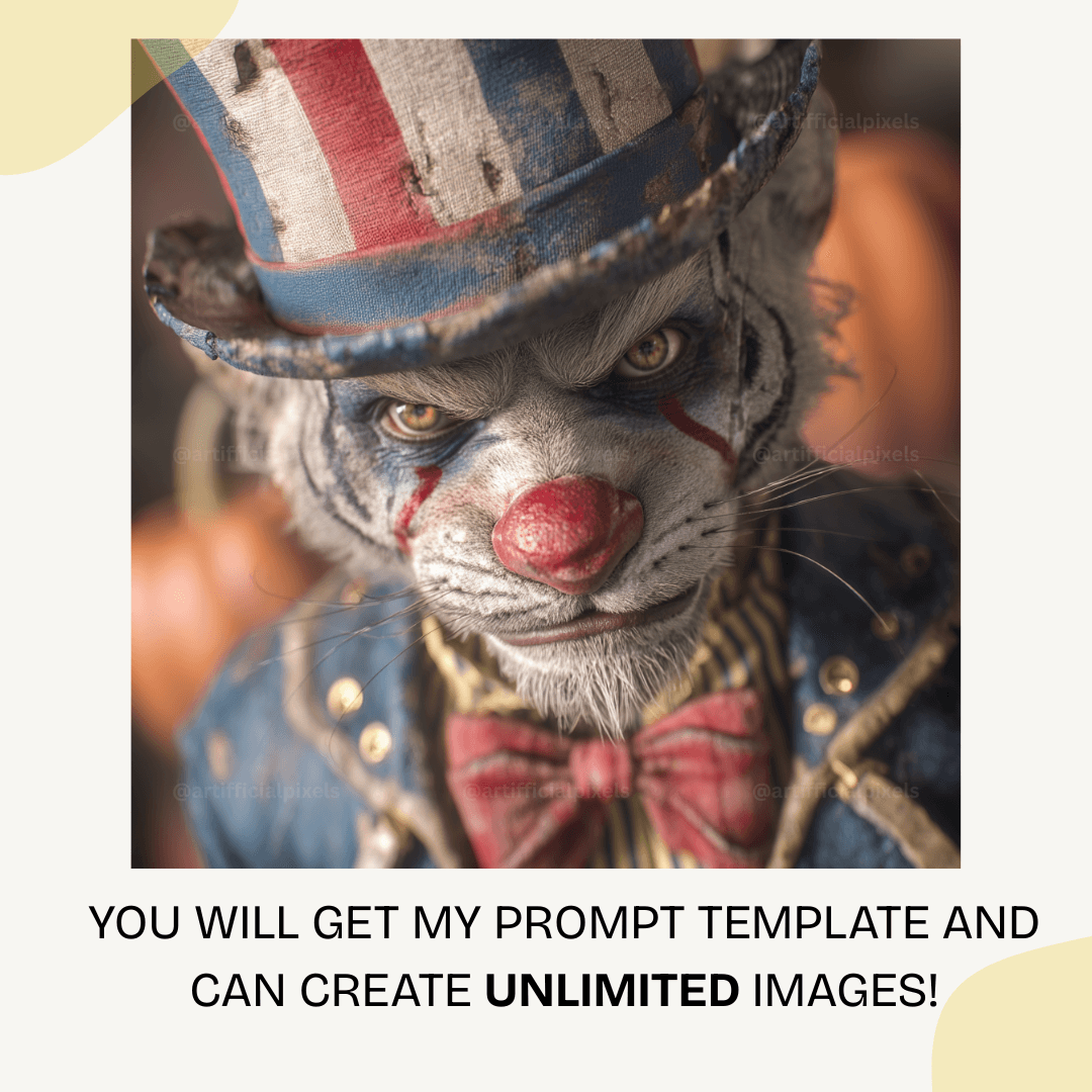 Creepy tiger dressed as vintage Halloween clown with horror circus makeup and dark gritty artistic style