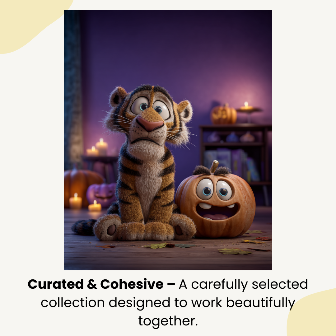 Curated and cohesive Pixar-style digital art bundle USP featuring consistent animal and pumpkin illustrations.