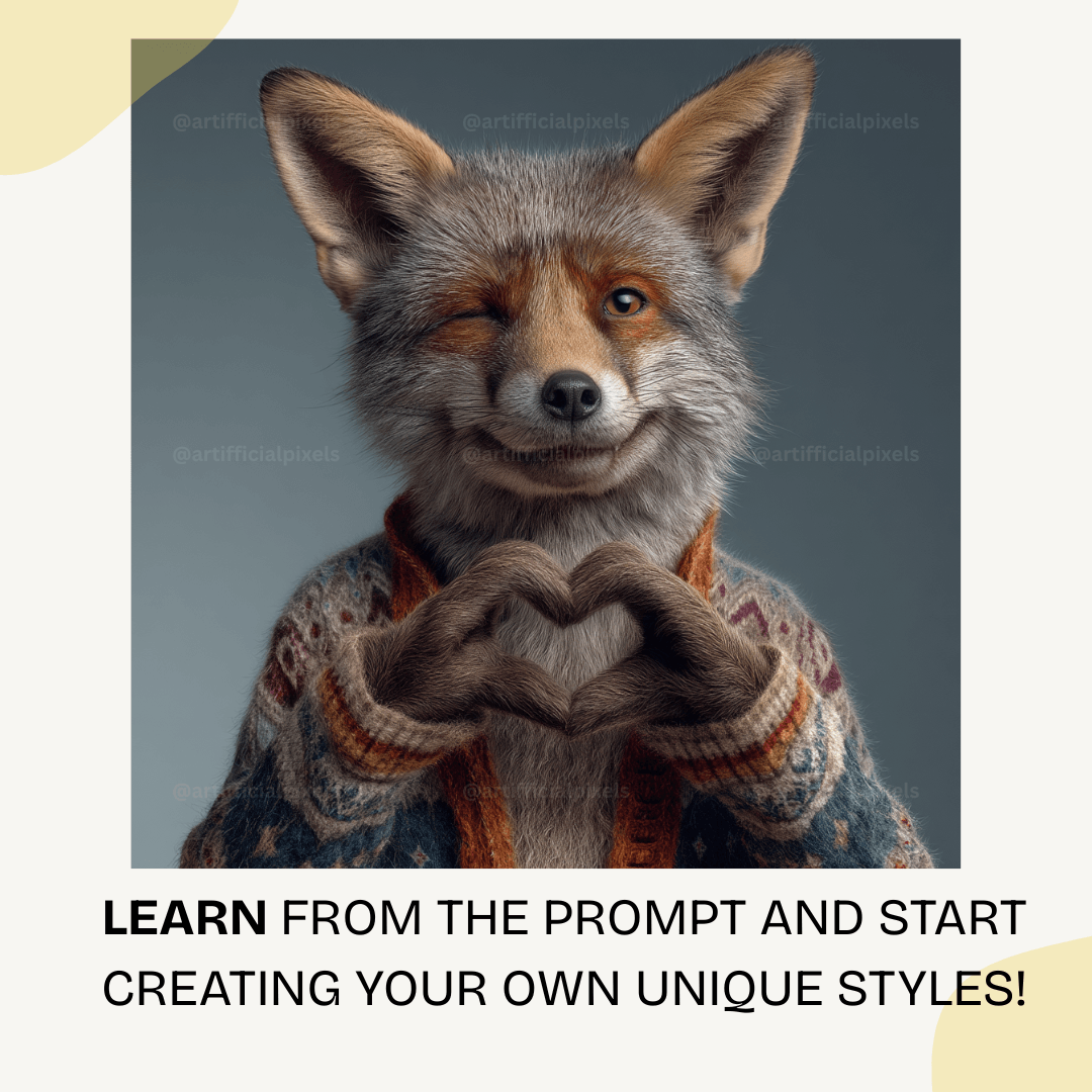 Cute fox in patterned knitted jumper making heart gesture, surreal portrait style AI artwork