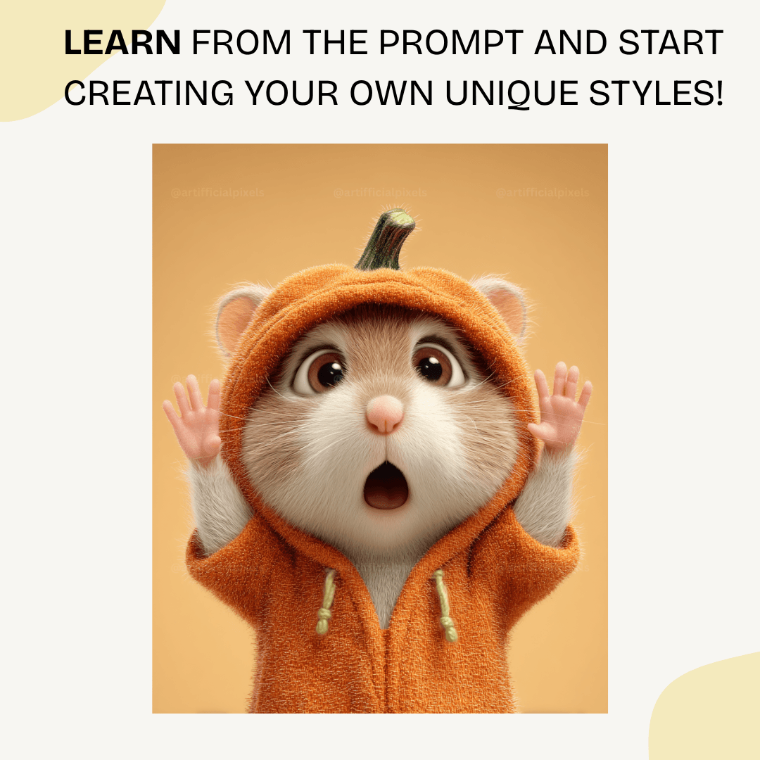Sweet Pixar-style hamster in orange pumpkin costume with surprised expression, ideal for kids Halloween party decorations