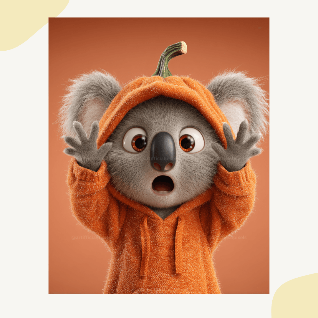 Loveable Pixar-style koala in pumpkin costume with soft textures, generated using customizable Midjourney AI prompt