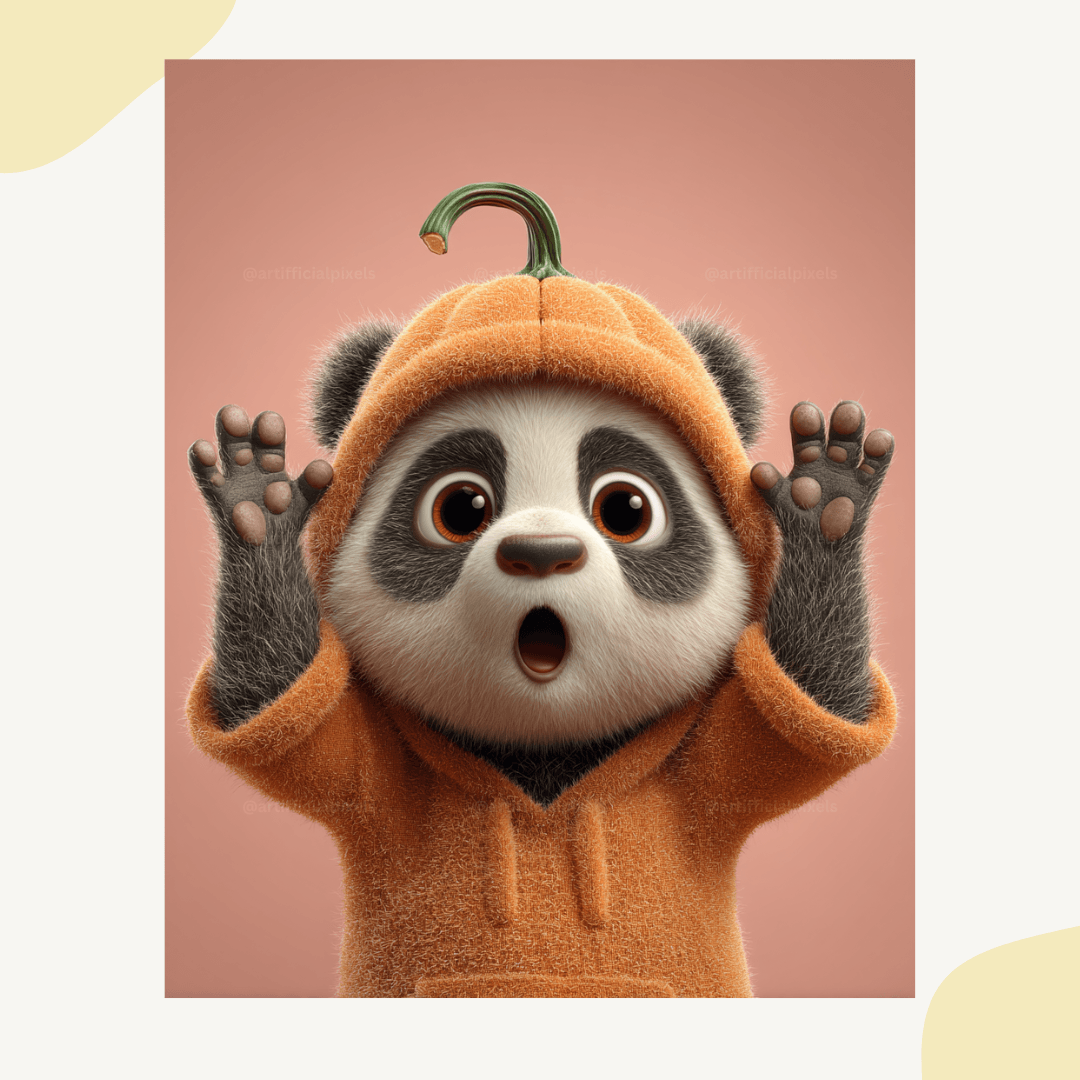 Sweet Pixar-style panda in pumpkin costume with vibrant colours, ideal for phone cases and wall prints