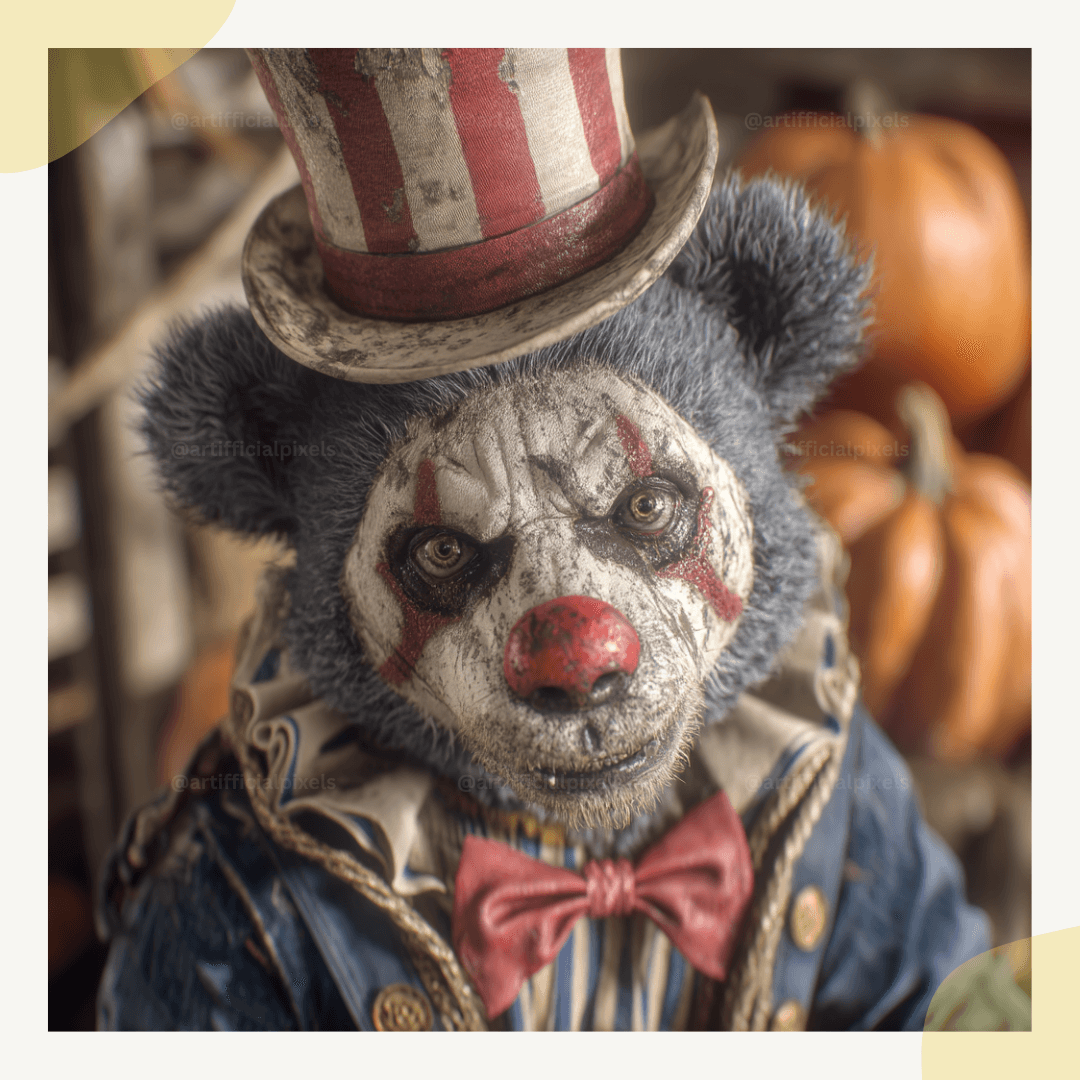 Dark circus bear clown digital art graphic with halloween vibes ideal for seasonal crafting and graphic design