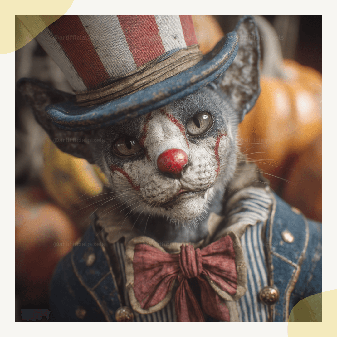 Dark circus cat clown digital art graphic with creepy carnival aesthetic for unique crafting and design projects