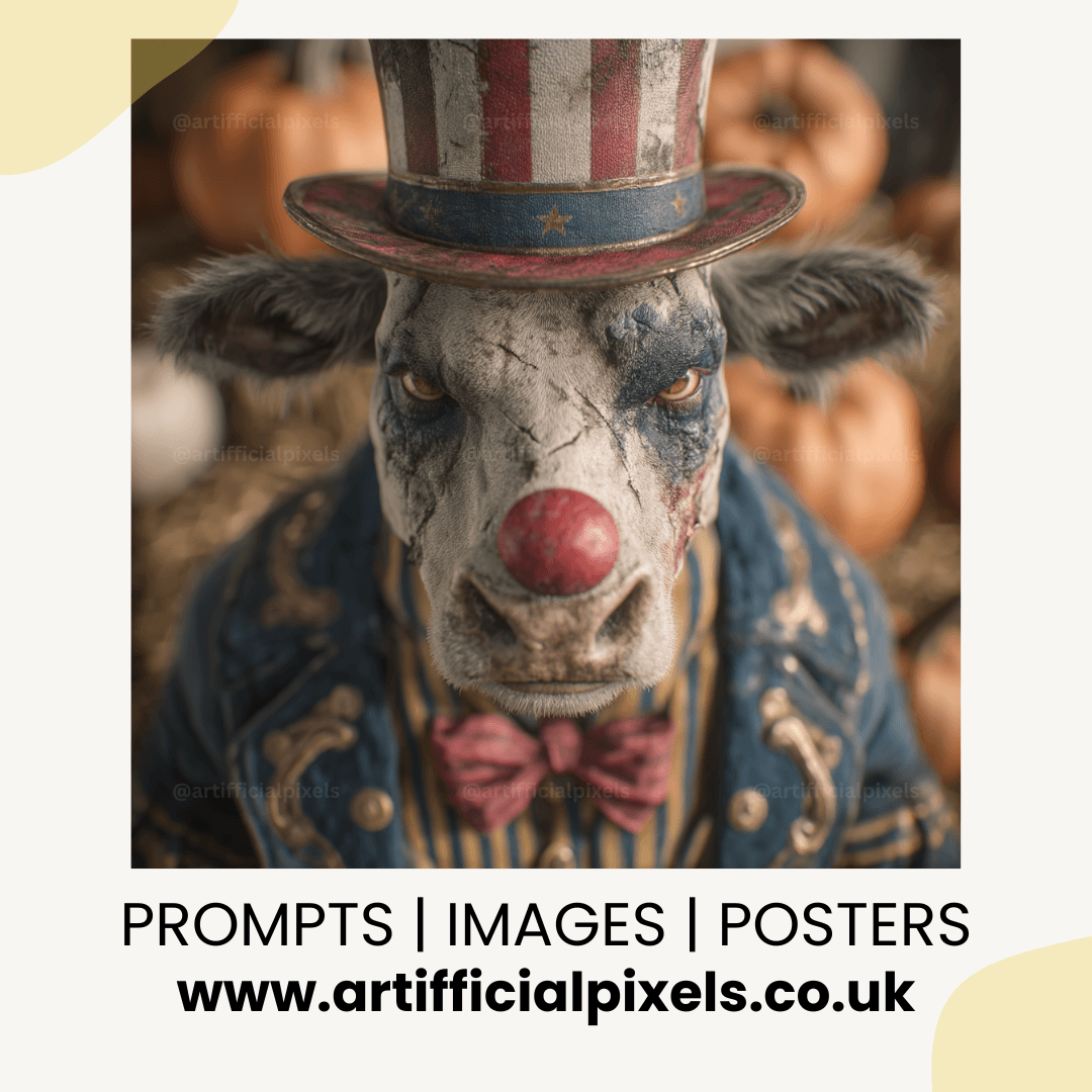 Dark circus cow clown digital art graphic by Artifficial Pixels for unique crafting and gothic design projects
