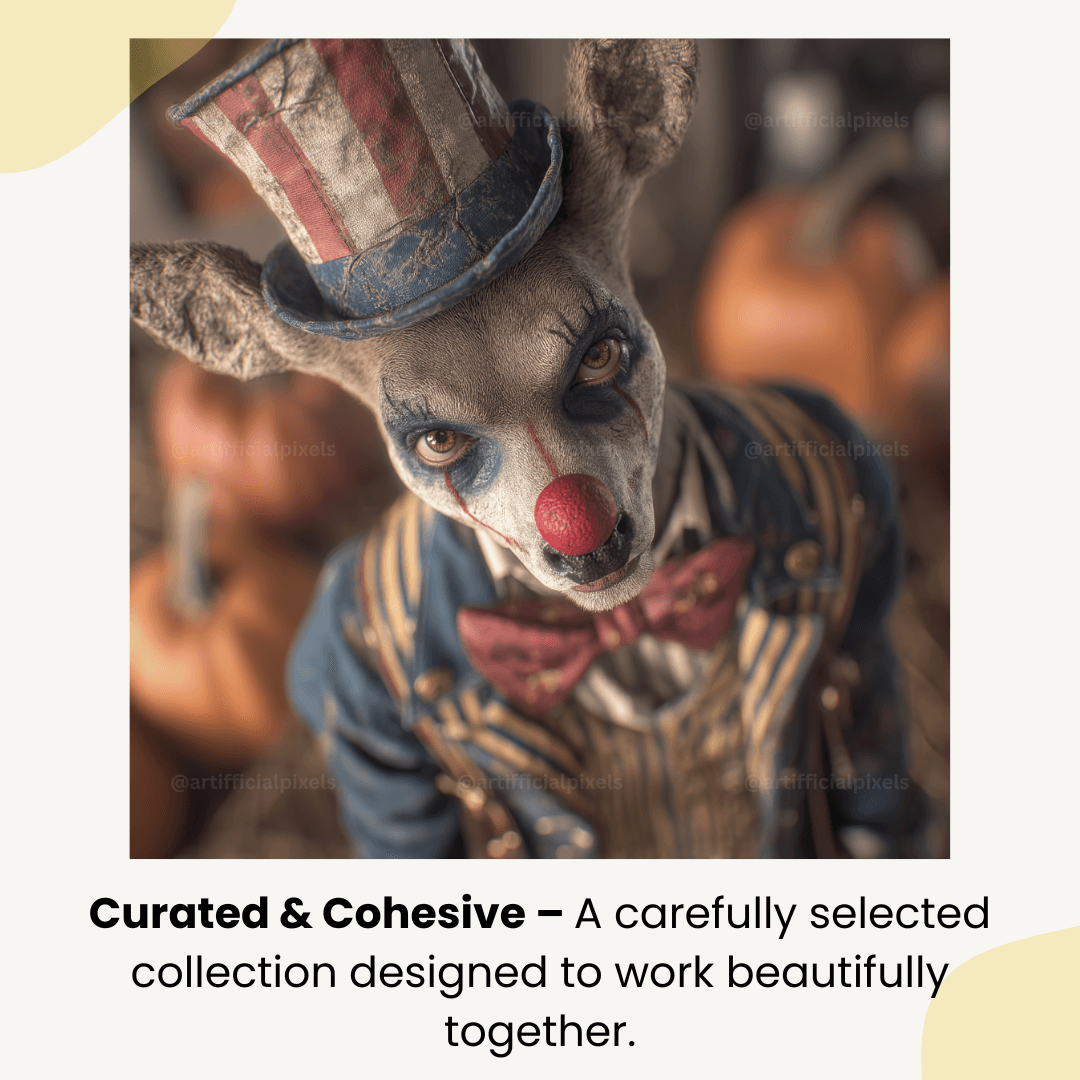Dark circus deer clown digital art graphic from curated cohesive bundle for crafting and graphic design projects