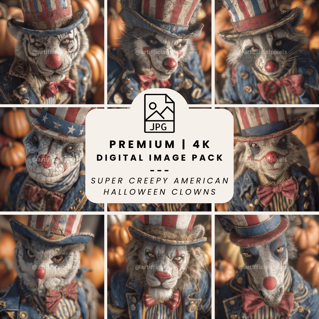 Dark circus digital art crafting bundle collage showcasing 16 gothic clown graphics for print-on-demand projects
