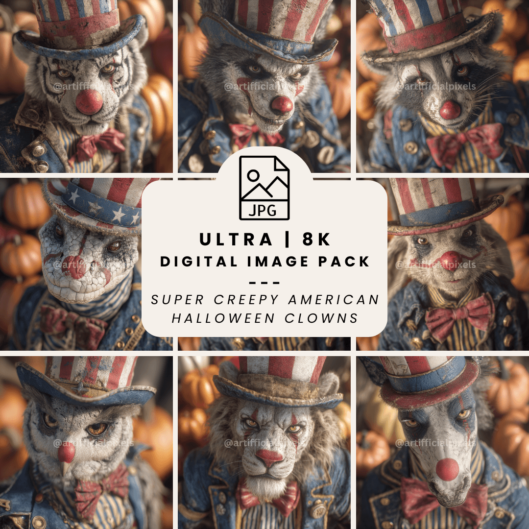 Collage of a creepy American Halloween clown with pumpkins, labeled as an ultra-8K digital image pack.