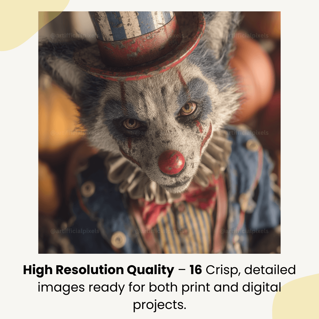 Dark circus fox clown digital art graphic in high resolution 4096x4096 perfect for crafting and print-on-demand