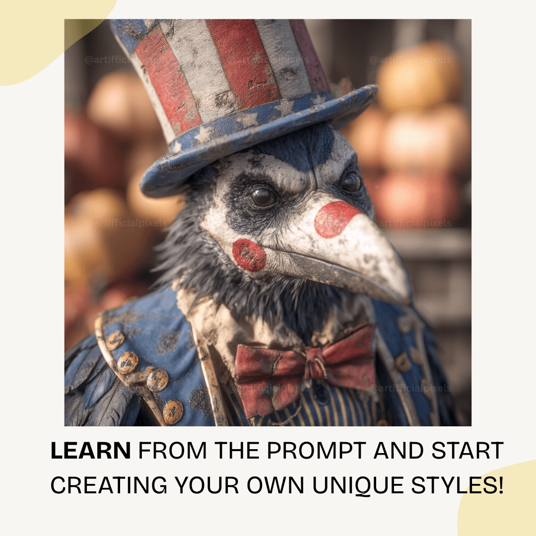 Dark raven bird dressed as creepy Halloween clown with gothic circus makeup for spooky digital art projects