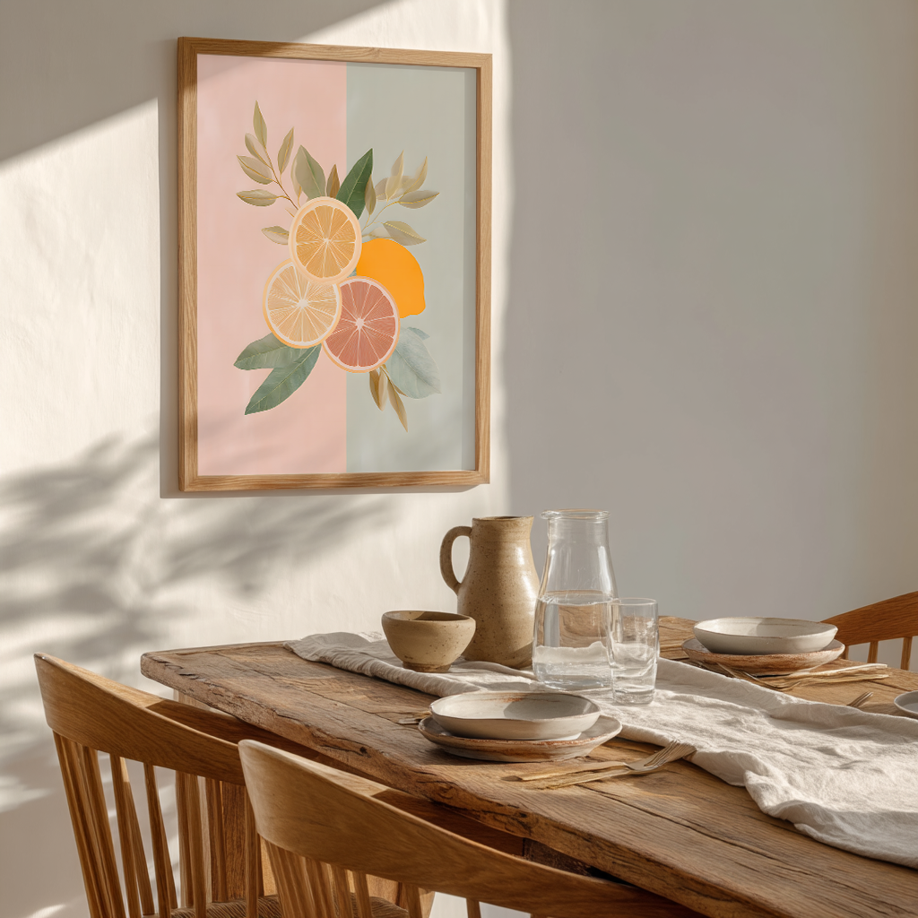 Mediterranean pastel lemon illustration above a rustic dining table, soft citrus wall art in pink and sage tones, warm kitchen or dining room decor
