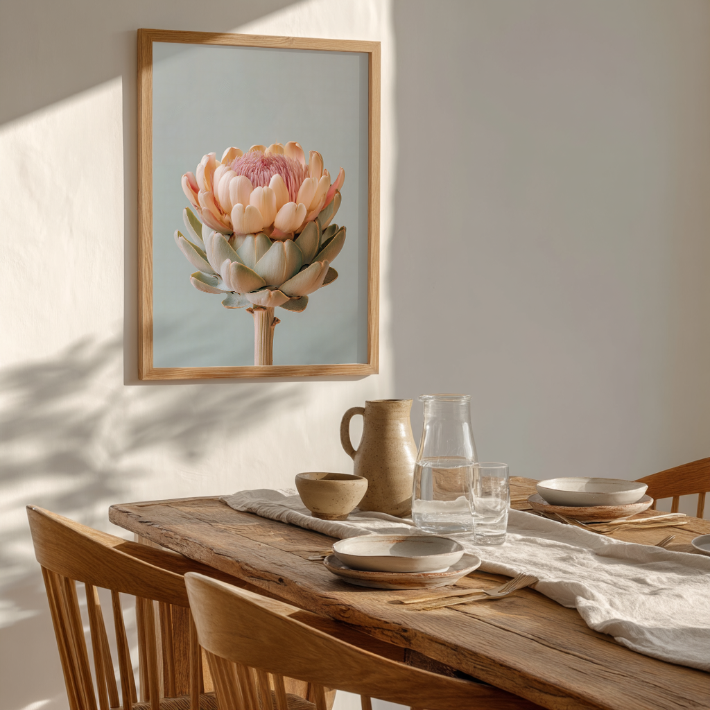 pastel artichoke wall print above dining table with Mediterranean lifestyle decor