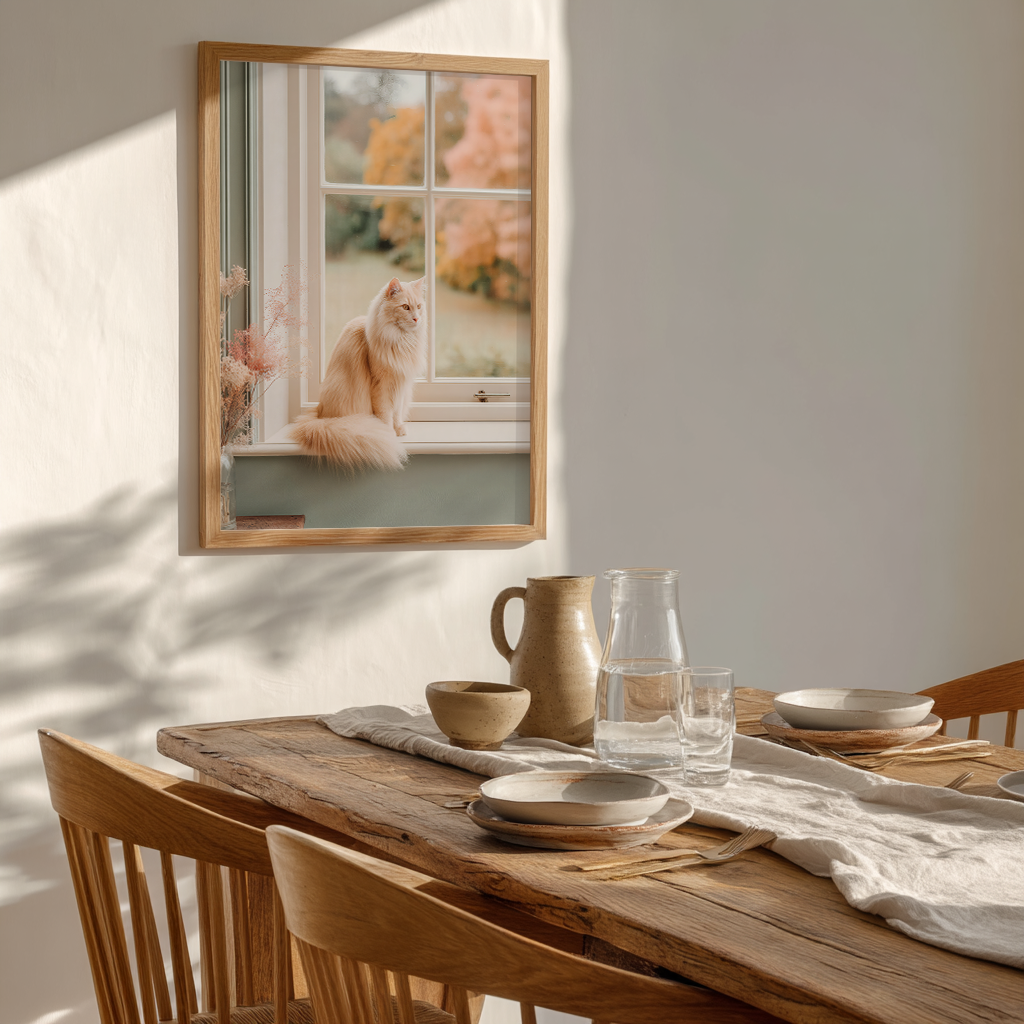 Warm dining room scene with framed cream cat windowsill art. Soft pastels and autumn tones for a cosy home aesthetic.