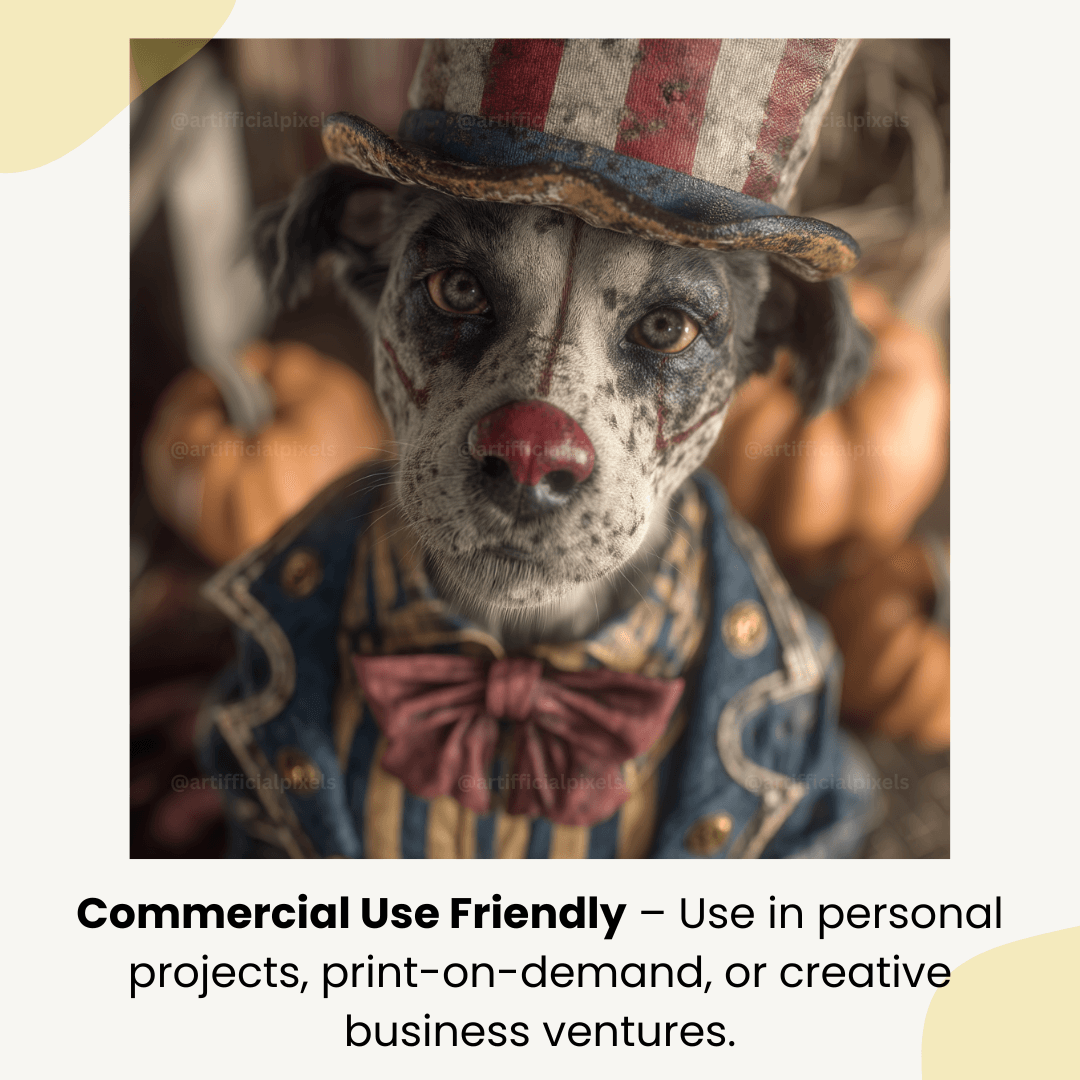 Dark circus dog clown digital art graphic with commercial use license for crafting business and print-on-demand