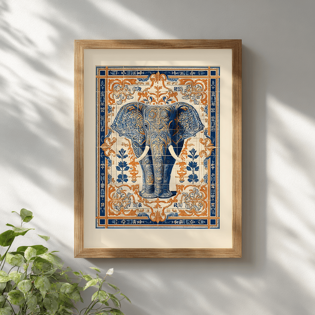 Elephant poster wall art in wooden frame on white wall, vintage boho style