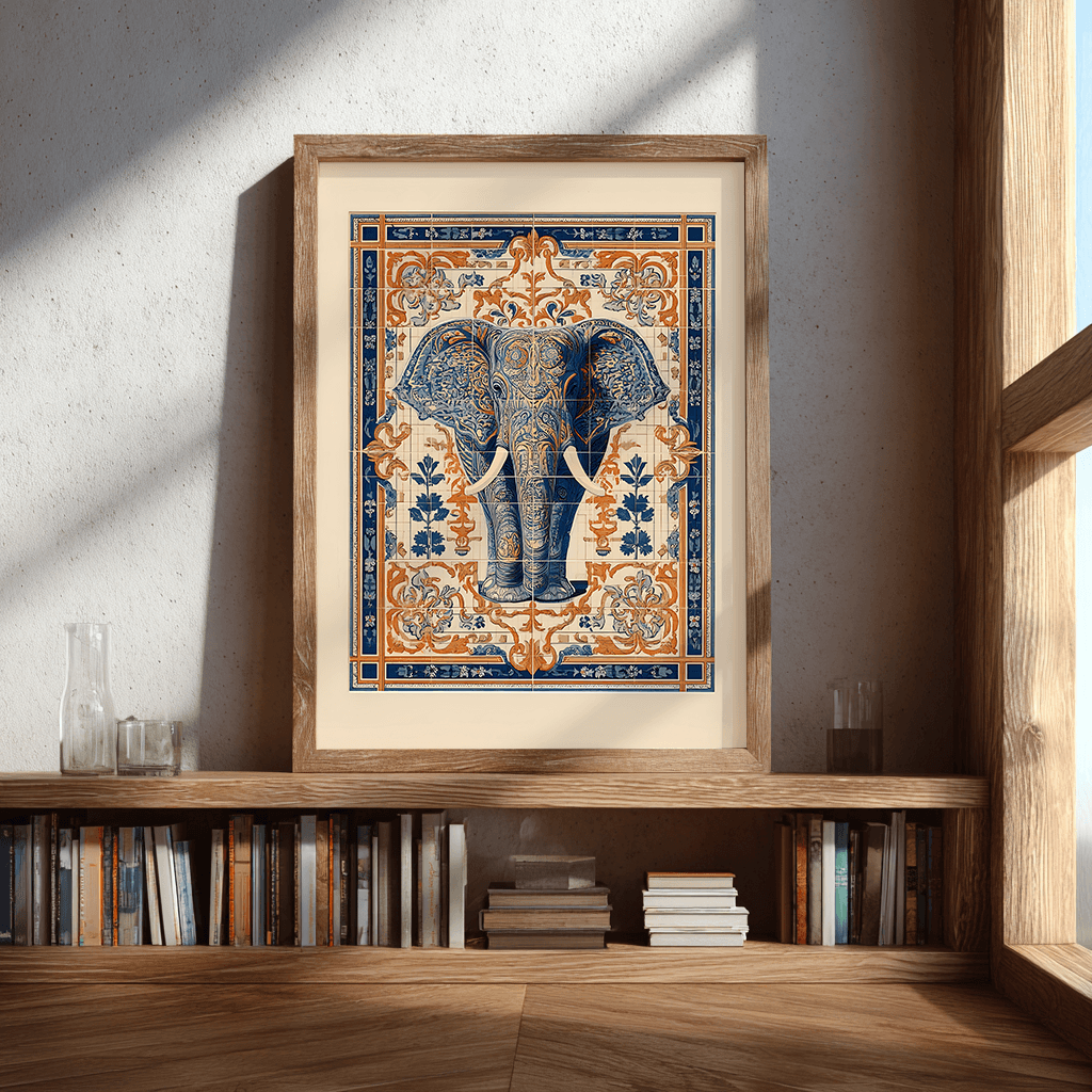 Ornate elephant poster print styled above bookshelf, eclectic home wall art