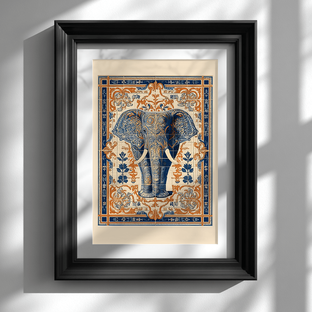 Vintage elephant poster print in black frame on white wall, bohemian wall decor