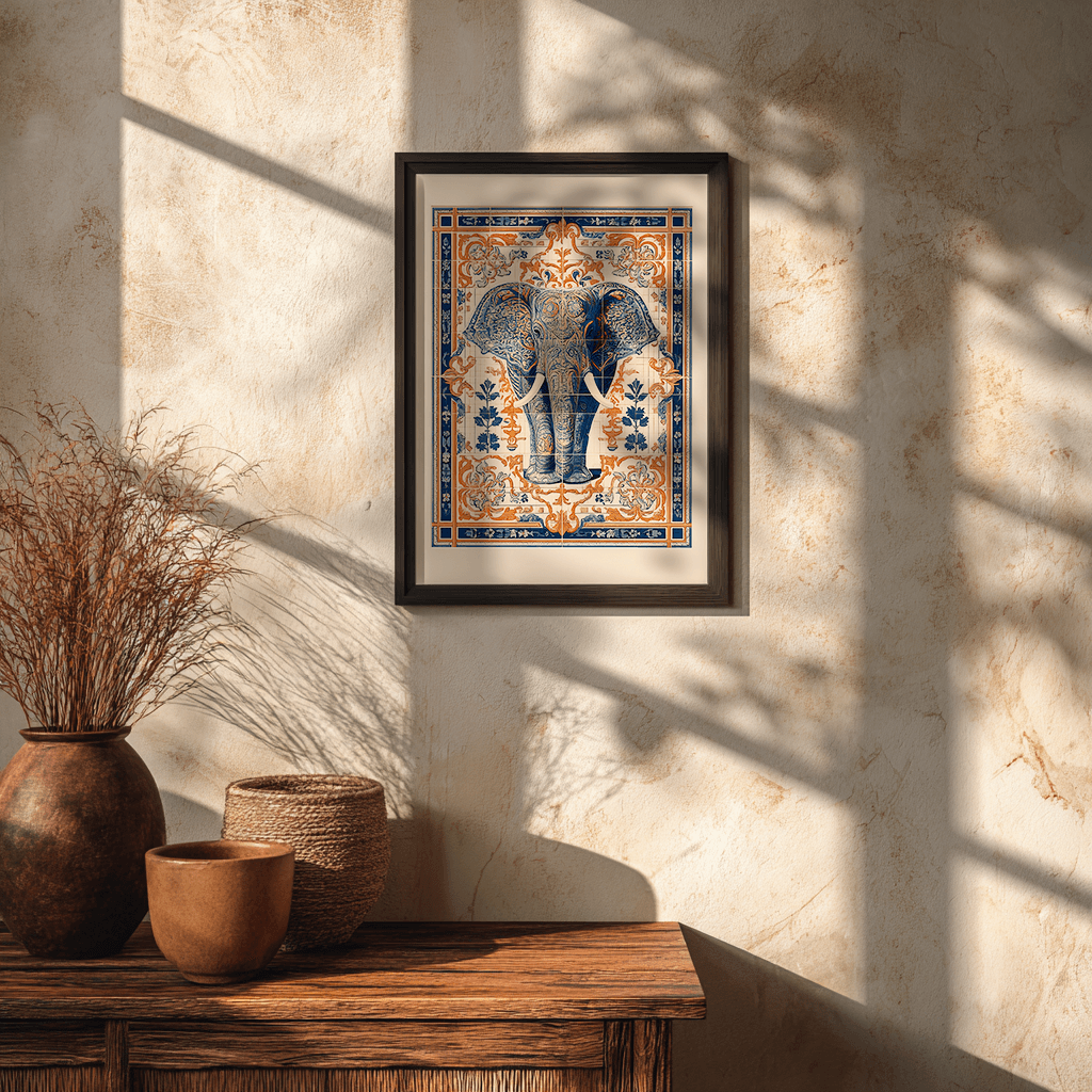 Elephant poster wall art in glass frame, stylish bohemian interior decor