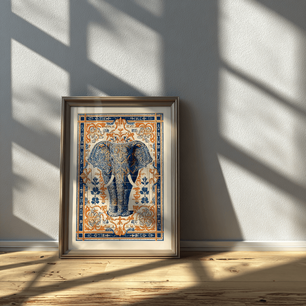 Elephant poster print in sleek glass frame, modern bohemian wall art style