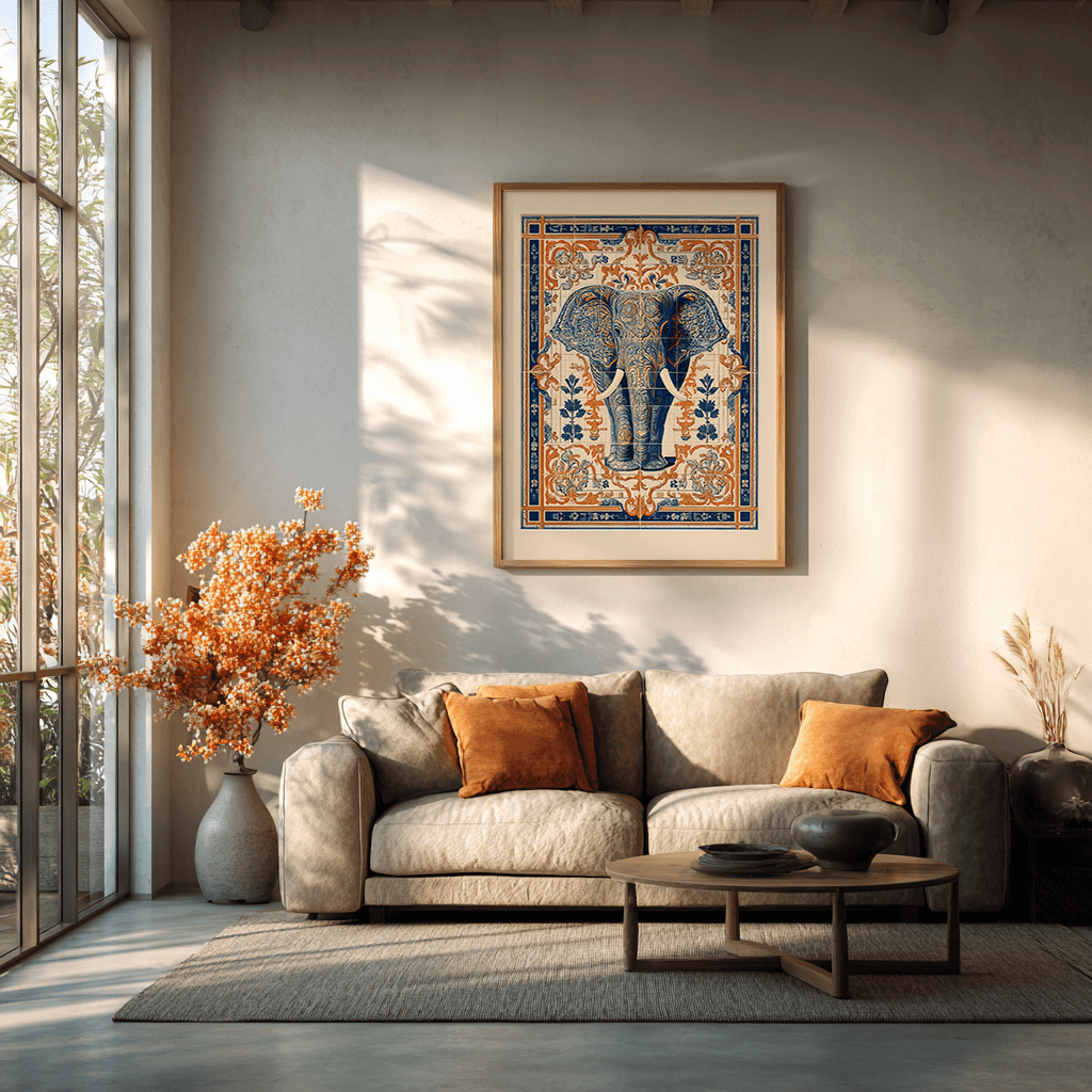 Elephant poster wall art styled in minimalist living room with warm tones
