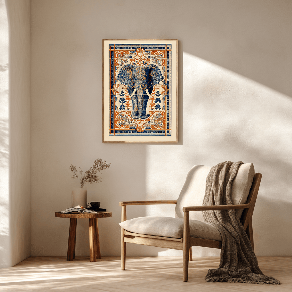 Elephant poster print styled in cozy reading nook, bohemian home wall art