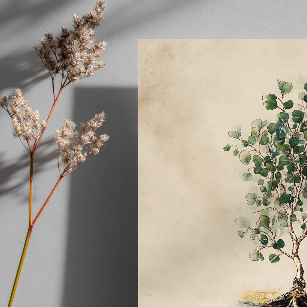 Close-up detail of minimalist eucalyptus botanical illustration showing intricate root system and branch structure